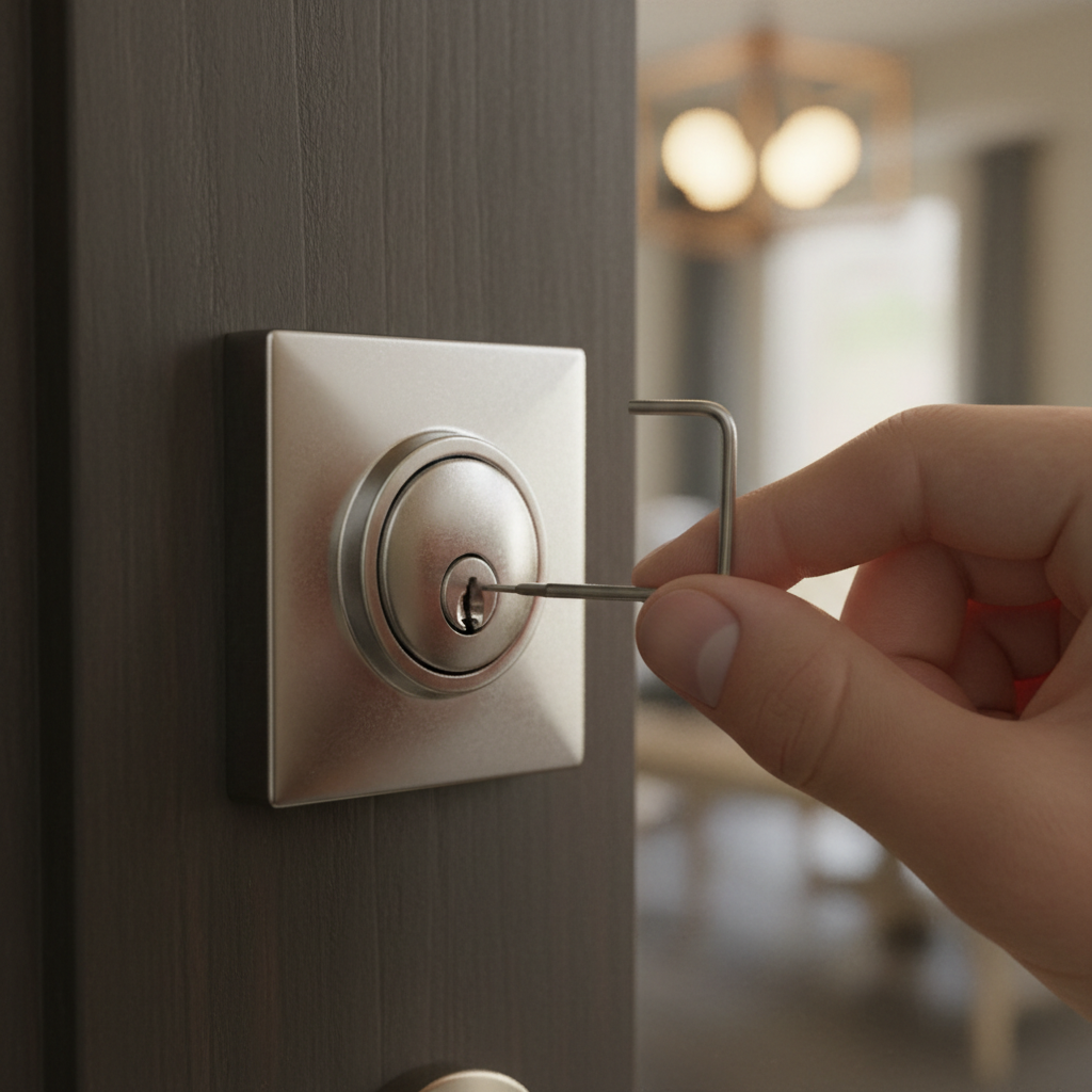 Hand inserting SmartKey re-key tool into polished chrome square deadbolt faceplate demonstrating DIY re-keying process