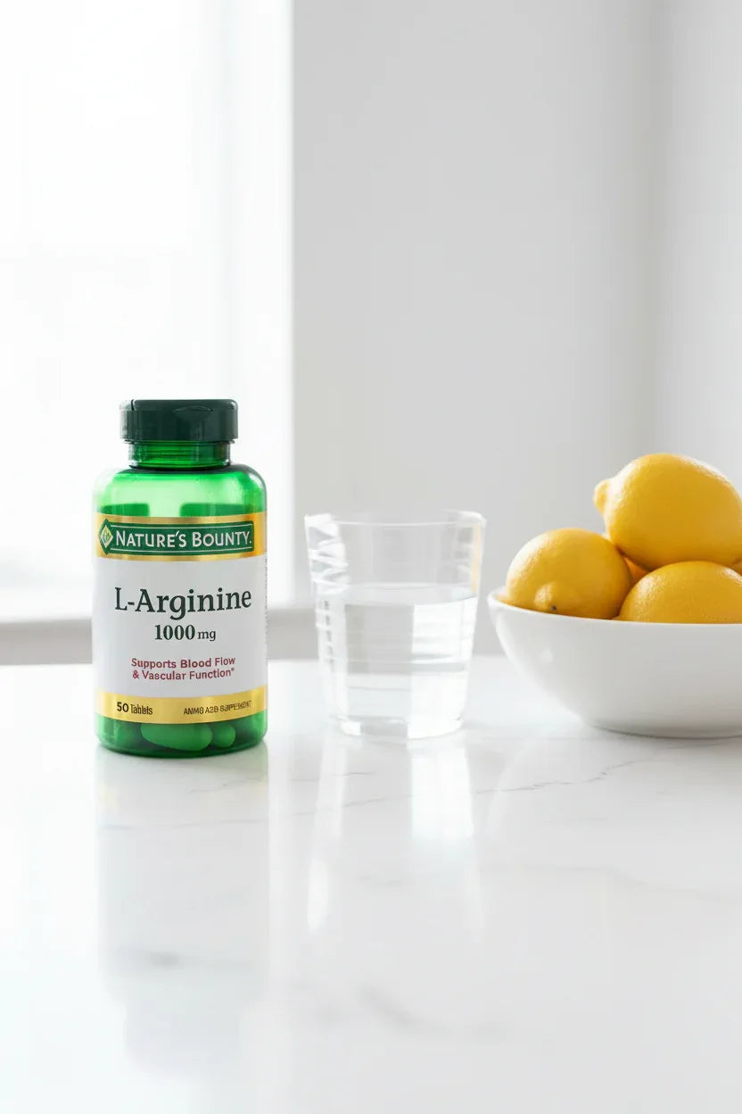 Nature's Bounty L-Arginine 1000mg 50 Tablets on white quartz kitchen station with glass of water and fresh organic lemons — More4less Outlet.