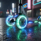 Close-up of glowing multicolor LED scooter wheels spinning on pavement at night — Mongoose Force 1.0 LED wheel feature — More4less Outlet