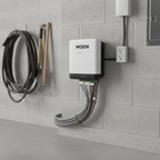 AI-generated lifestyle image of a Moen WICNT008G1USA smart sprinkler controller with neatly organized irrigation wiring in an indoor utility area.