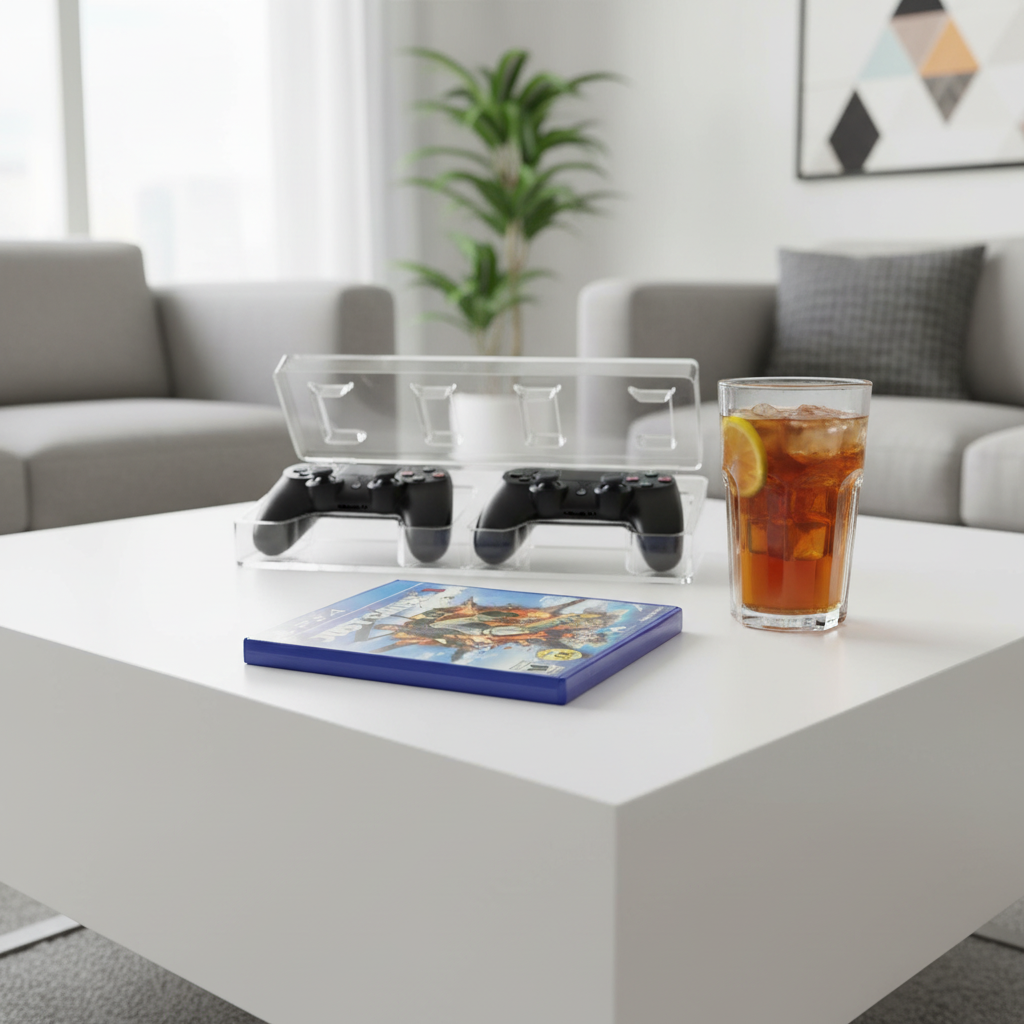Just Cause 3 PS4 game case on white coffee table in apartment lounge