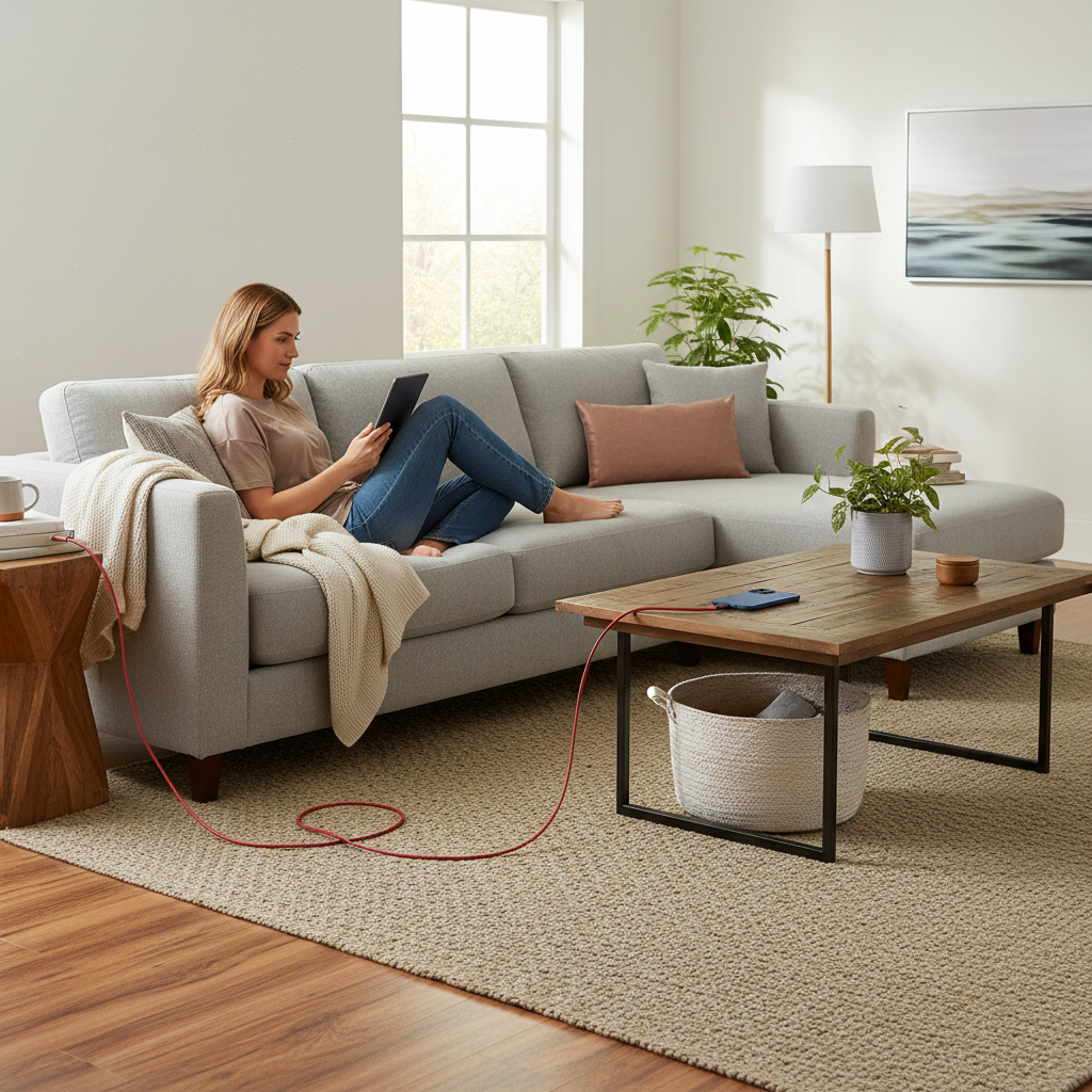 Person charging iPhone on couch from across the room using a long red flat braided USB cable, living room setting
