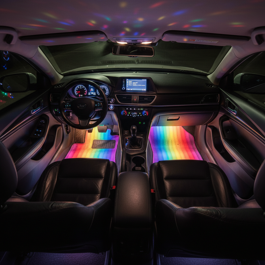 Alpena FLOGLO LED strips under dashboard seats rainbow flow color effect full cabin interior overhead view white car - More4less Outlet