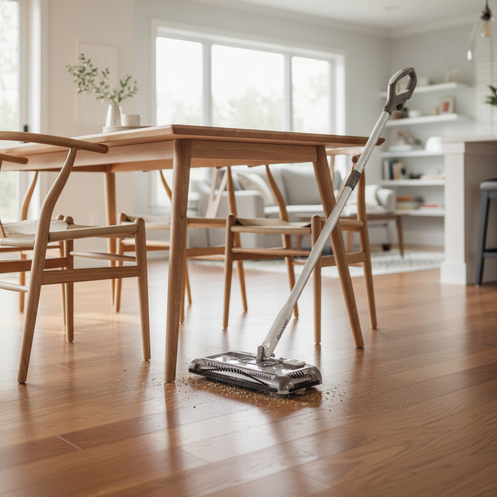 Black+Decker HFS115J10 Floor Sweeper gliding under dining table showing 360 degree swivel - More4less Outlet