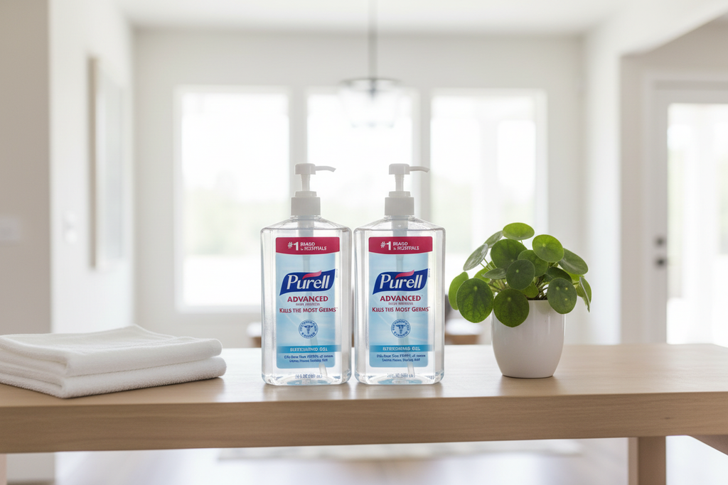 Two Purell hand sanitizer bottles modern home entryway kitchen wellness hygiene setup — More4less Outlet