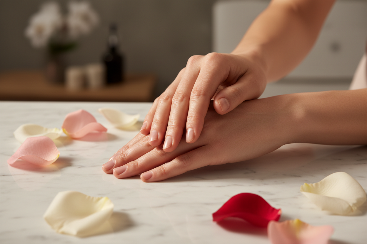 Close-up of soft smooth moisturized hands with healthy cuticles and rose petals on marble - hand cream result