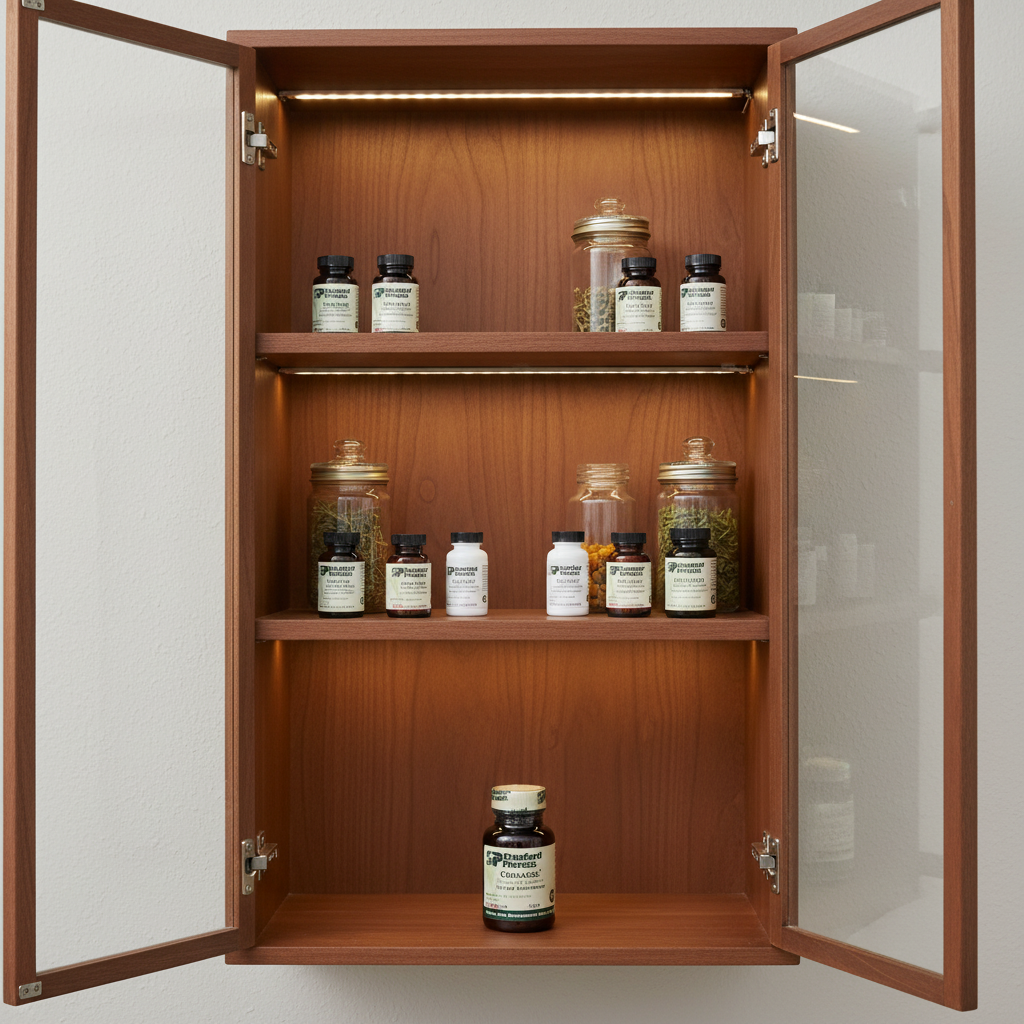 Standard Process Cholacol bottle organized in dark wood health cabinet with soft lighting showing premium wellness storage