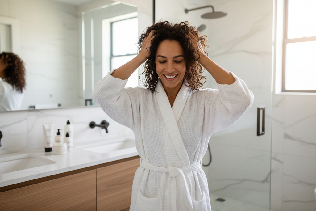 Woman with wavy coily textured hair scrunching wet curls in bright modern bathroom hair care routine lifestyle photo