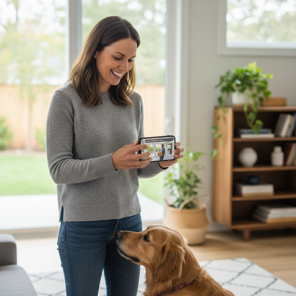 Homeowner holding a smartphone and smiling as they receive a real-time motion alert notification from their front door