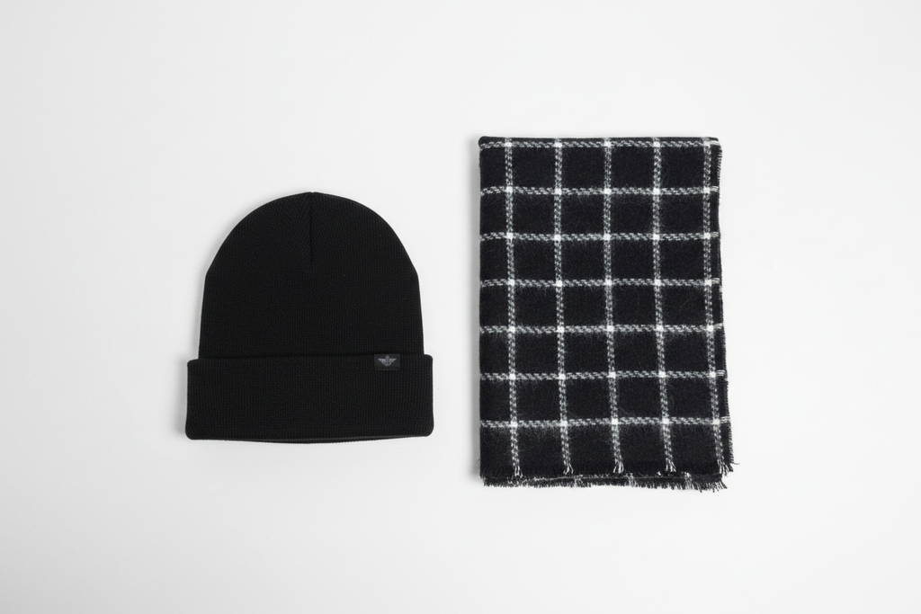 Dockers Scarf & Beanie Winter Set black plaid flat lay showing full texture and plaid pattern – More4less Outlet