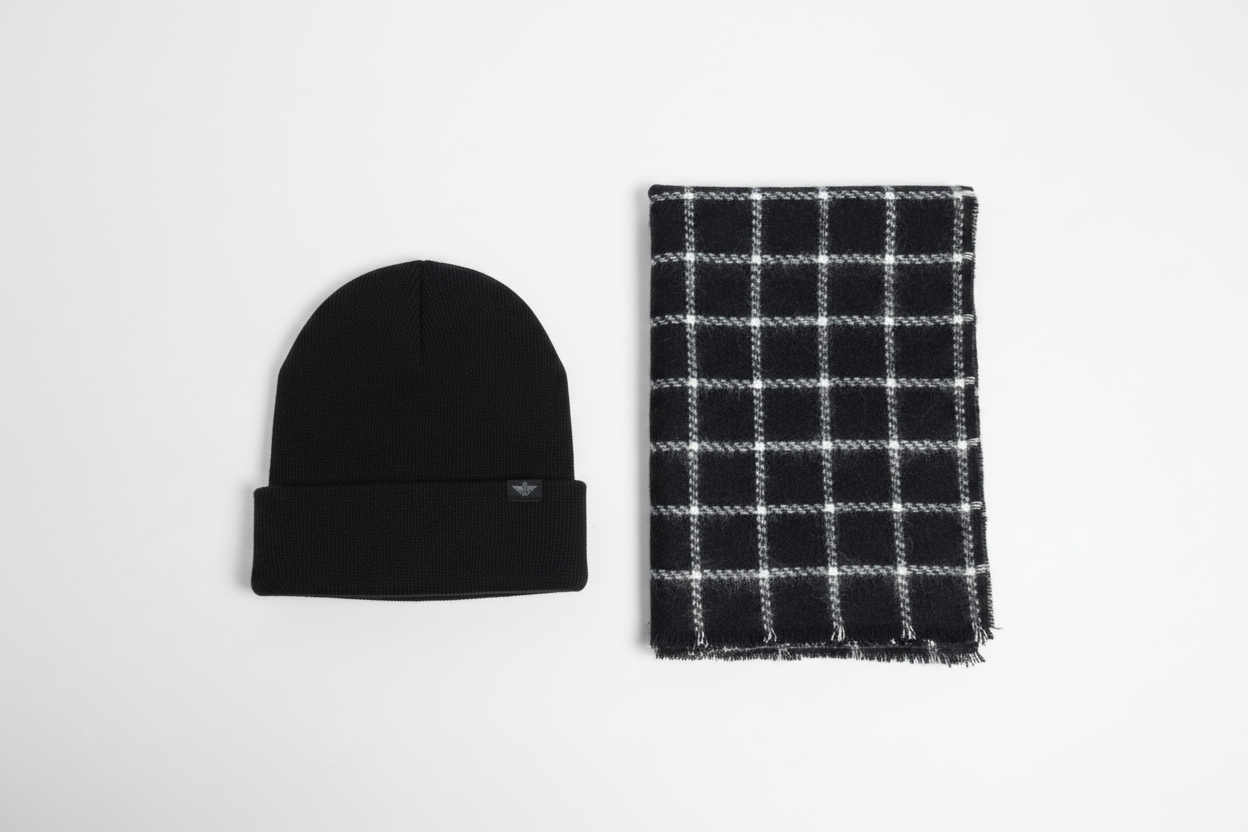 Dockers Scarf & Beanie Winter Set black plaid flat lay showing full texture and plaid pattern – More4less Outlet
