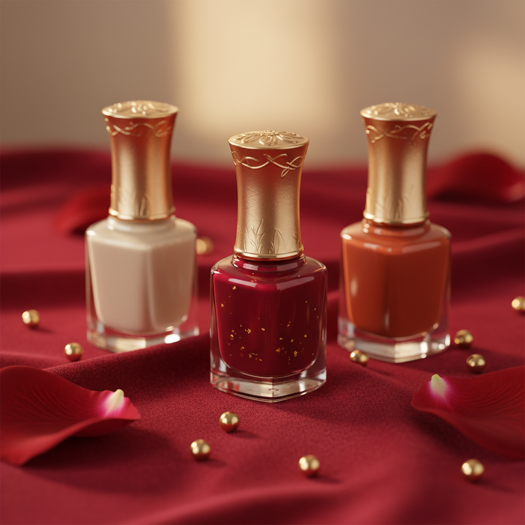 Close-up of luxurious gold-capped nail polish bottles on velvet surface — Mary Kay Salon Direct vintage shades — More4less Outlet