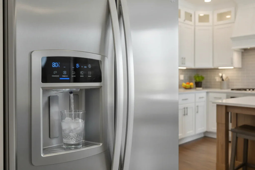 Clean modern stainless steel refrigerator with ice and water dispenser panel in focus
