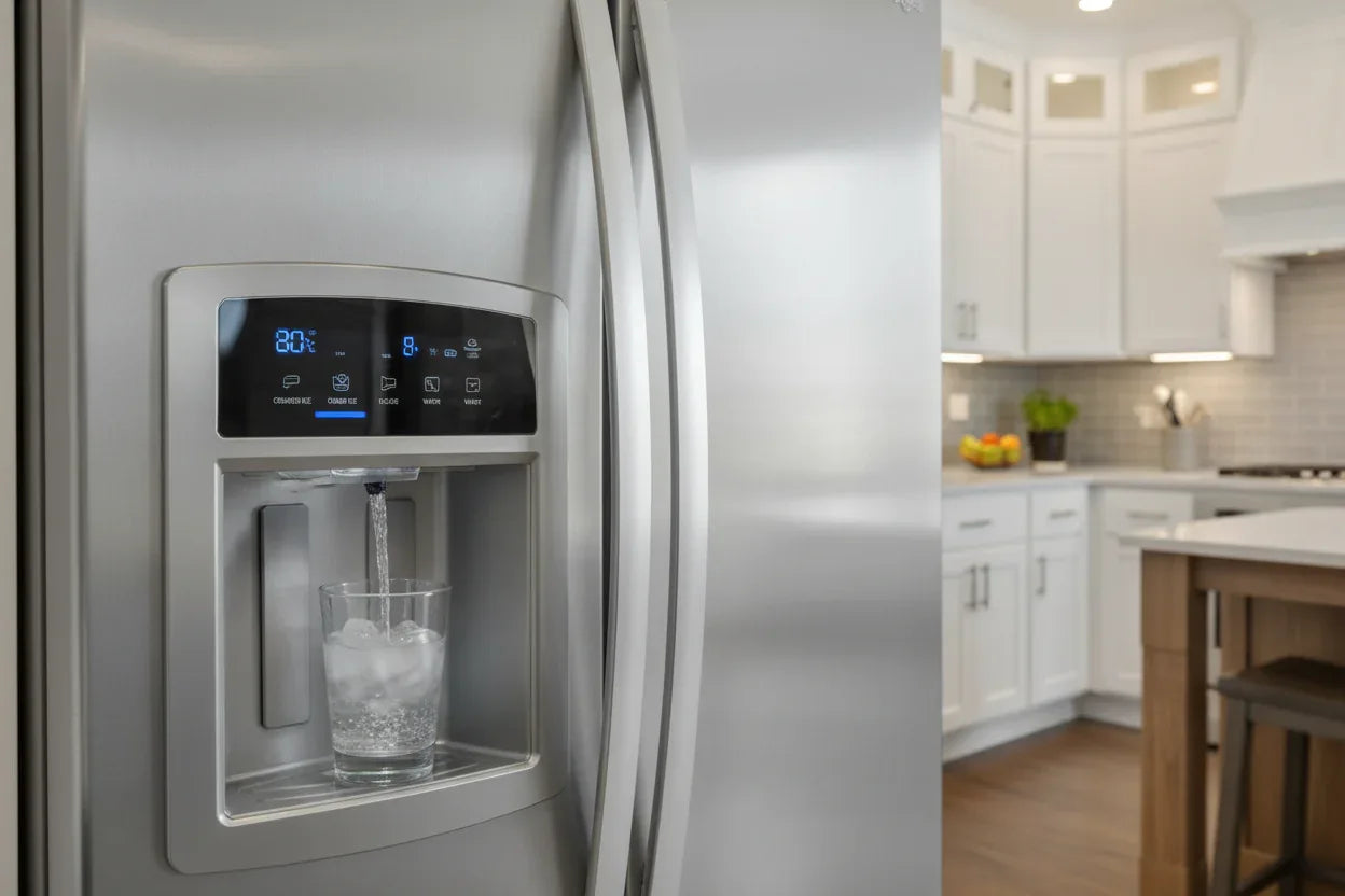 Clean modern stainless steel refrigerator with ice and water dispenser panel in focus