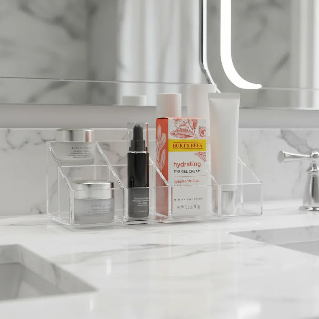 Burt's Bees Hydrating Eye Gel Cream box in organized acrylic vanity organizer alongside high-end designer face products with soft ambient lighting