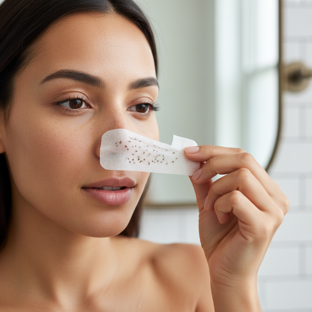 Close-up of woman peeling off pore strip from nose revealing clean pores, satisfying skincare moment