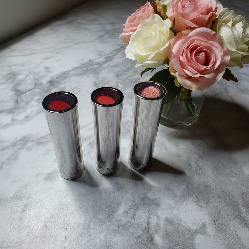 Mary Kay True Dimensions lipstick tubes on marble vanity with roses