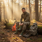 Hunter putting on Realtree green camo crew socks in forest at golden morning light — More4less Outlet