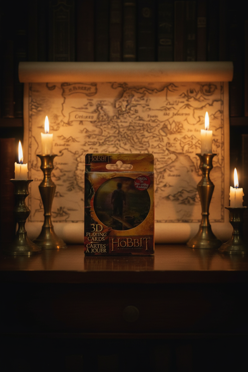 The Hobbit An Unexpected Journey 3D playing cards collectible tin on dark wooden surface with fantasy candlelight and Middle-earth map — More4less Outlet