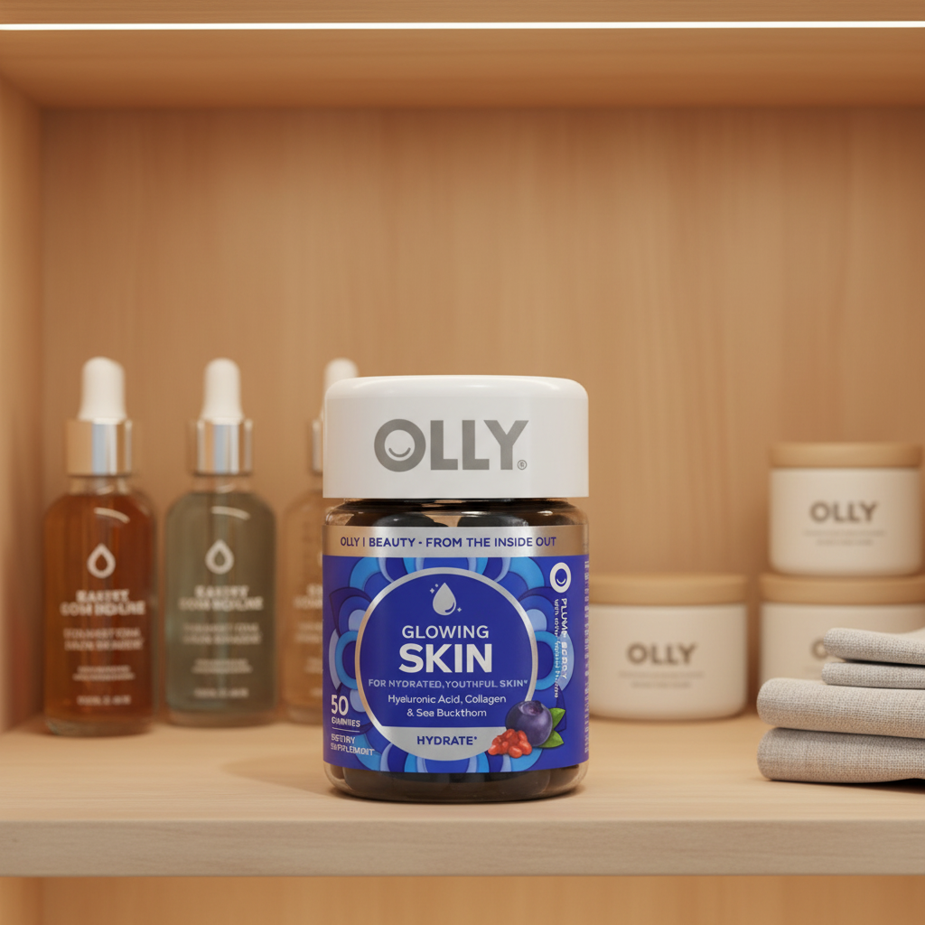 OLLY Glowing Skin Gummies bottle inside organized minimalist health cabinet with clear-glass skin serum droppers and soft interior lighting