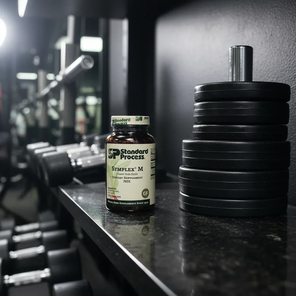 Standard Process Symplex M 360-tablet bottle on black granite home gym supplement shelf next to weight plates