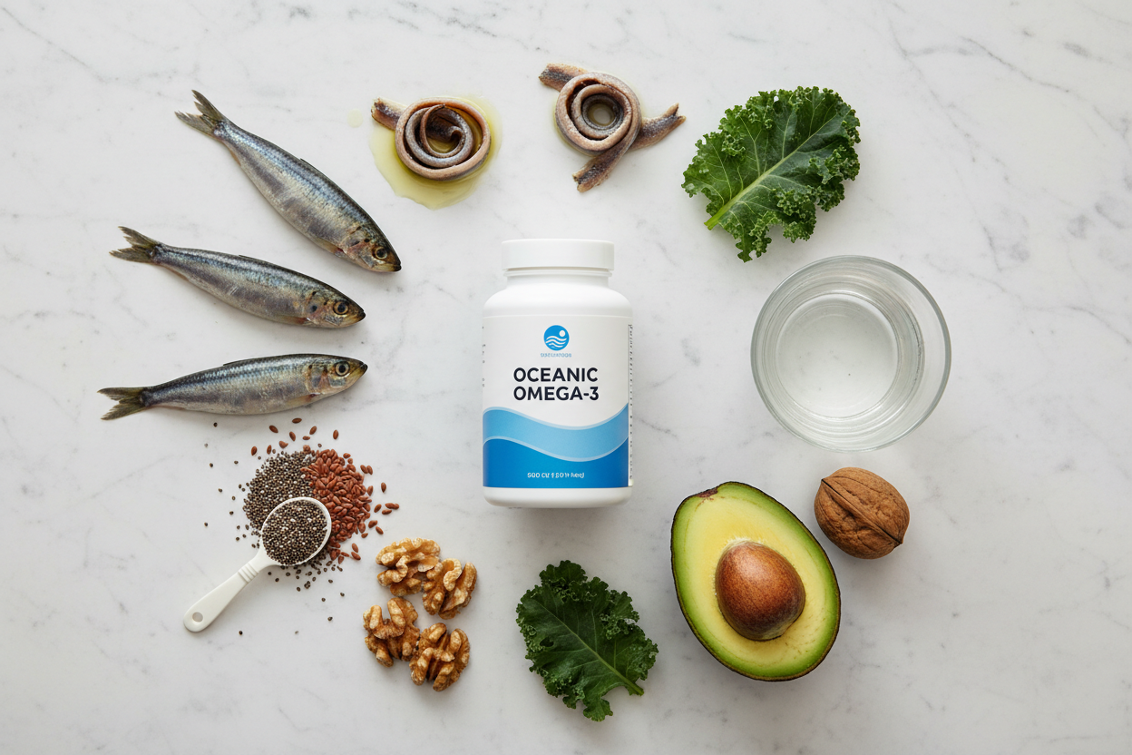 Top-down flat lay of supplement bottle with sardines, anchovy fillets, and omega-3 rich foods on marble