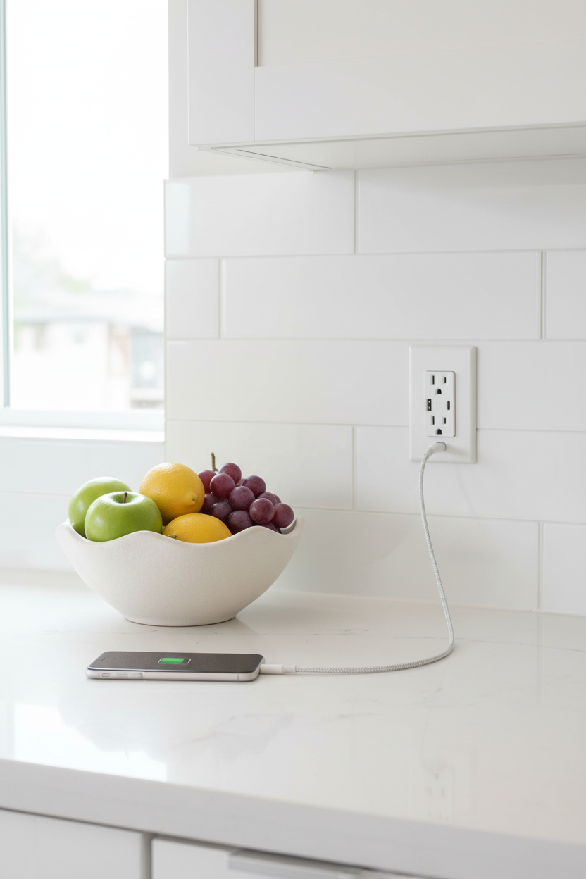 Leviton Decora+ white USB outlet installed on modern kitchen backsplash wall next to charging smartphone and ceramic fruit bowl