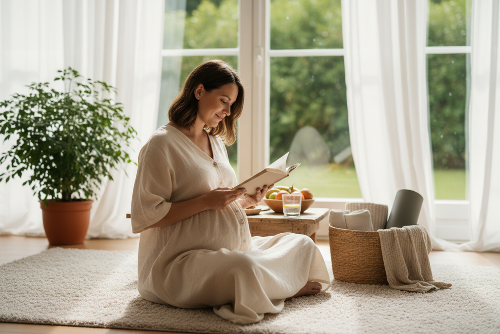 Pregnant woman sitting peacefully in bright sunlit room reading a book, prenatal wellness lifestyle