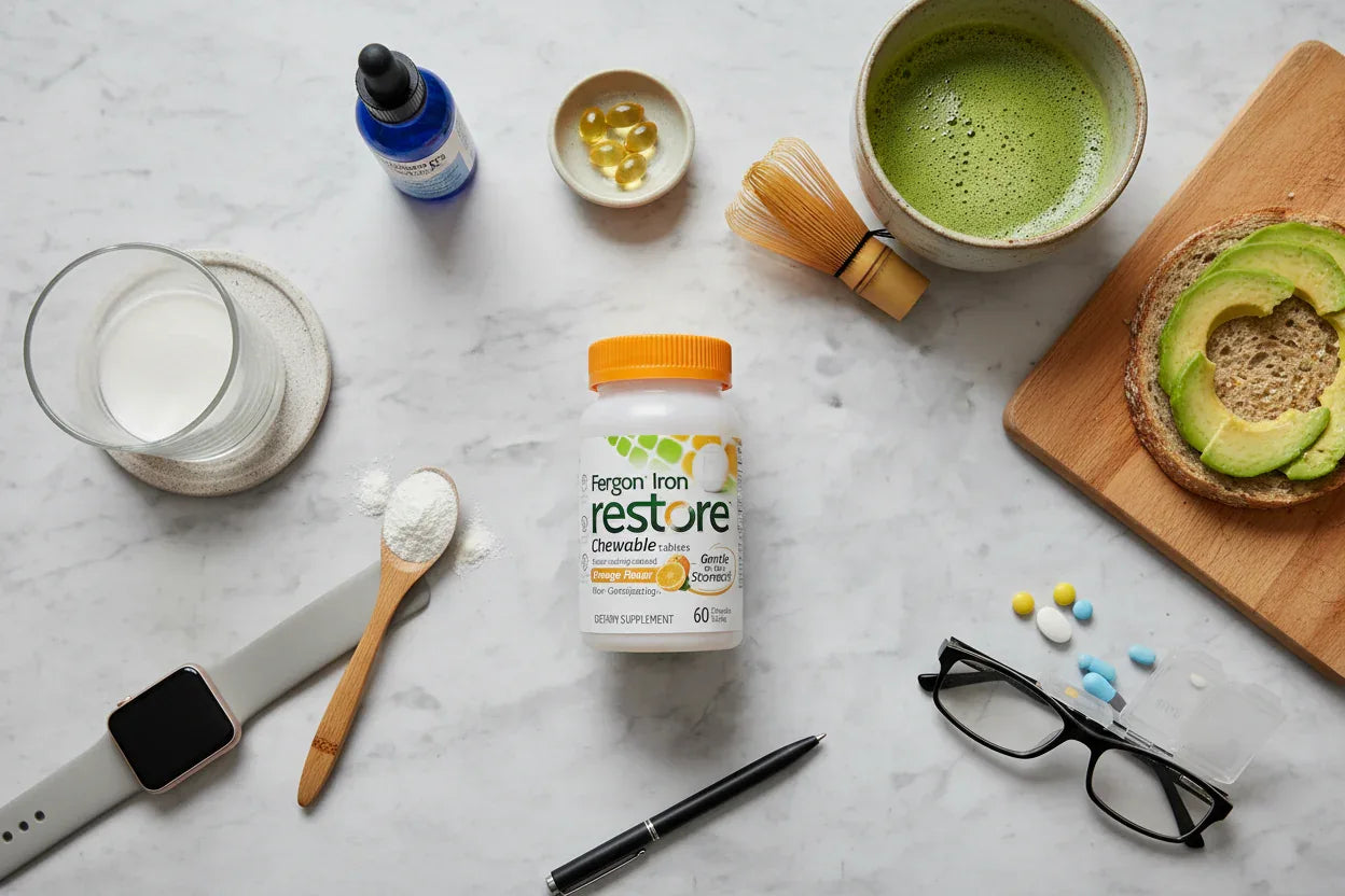 Flat lay morning vitamin layout featuring Fergon Iron Restore orange chewable tablet container
