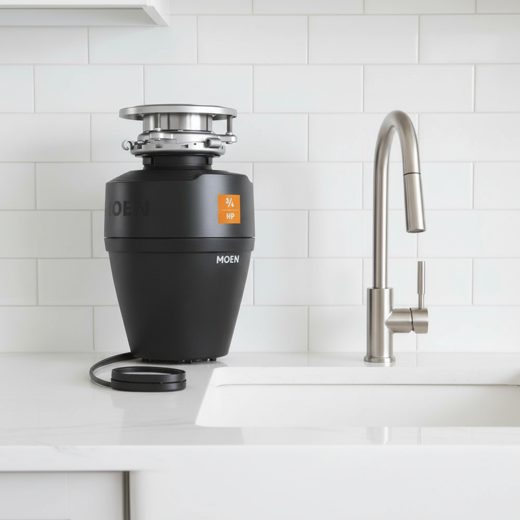 Moen Host EX75c garbage disposal on white surface with stainless faucet and subway tile background – More4less Outlet