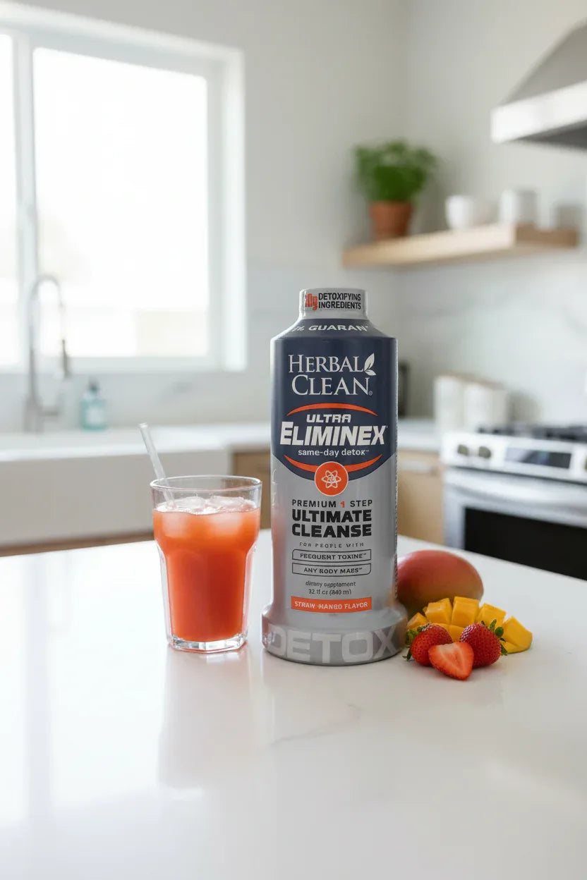 Bright lifestyle setting featuring a large dietary supplement drink bottle on a clean white kitchen counter