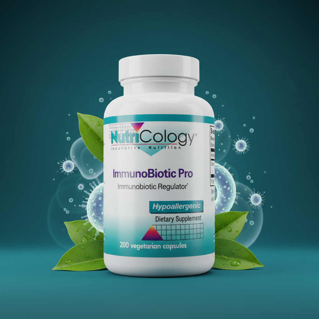 NutriCology ImmunoBiotic Pro teal editorial with probiotic accents and botanical leaves – More4less Outlet