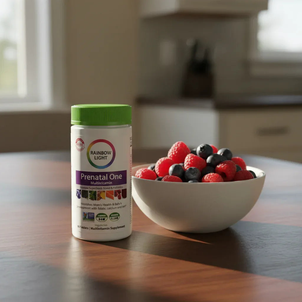 Rainbow Light Prenatal One Multivitamin bottle on dark-wood breakfast nook table with bowl of organic raspberries and blueberries