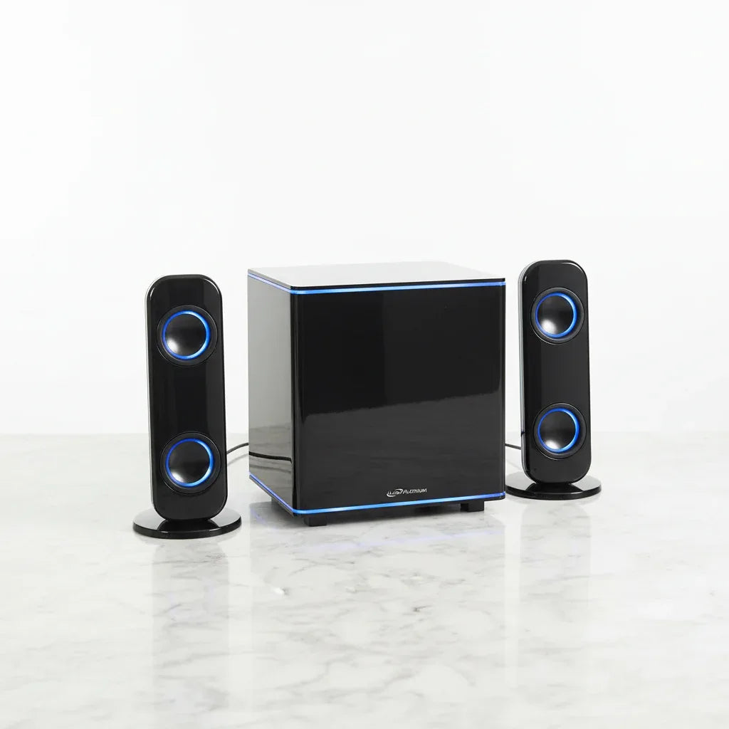 iLive Platinum 2.1 speaker system product staging on stone countertop lifestyle image