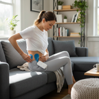 Adult sitting on living room sofa placing TENS gel pads on lower back for targeted pain relief