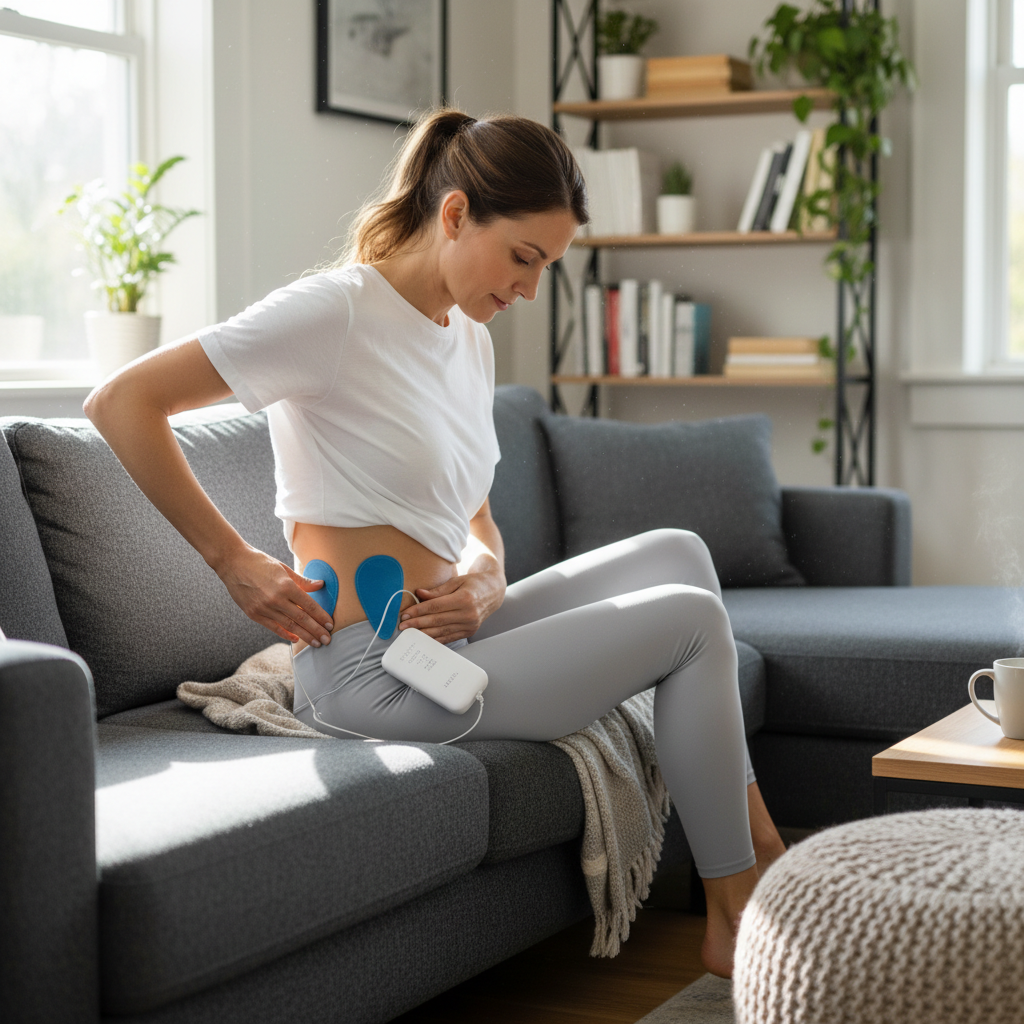 Adult sitting on living room sofa placing TENS gel pads on lower back for targeted pain relief