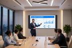 Professional presenter delivering a business pitch in a modern conference room using a Techellent wireless presenter remote with red laser dot on projection screen