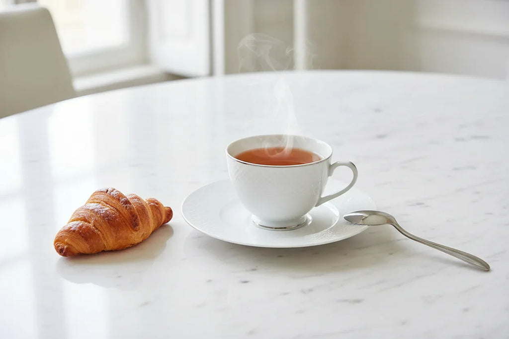 Bernardaud Organza saucer on marble dining table French breakfast aesthetic lifestyle