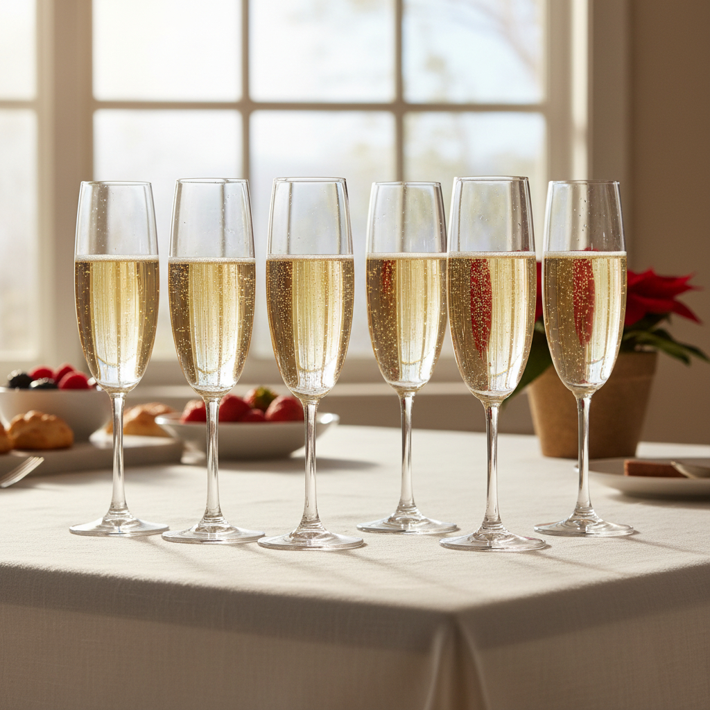 Row of Mikasa Julie crystal champagne flutes catching morning window light for holiday brunch – More4less Outlet