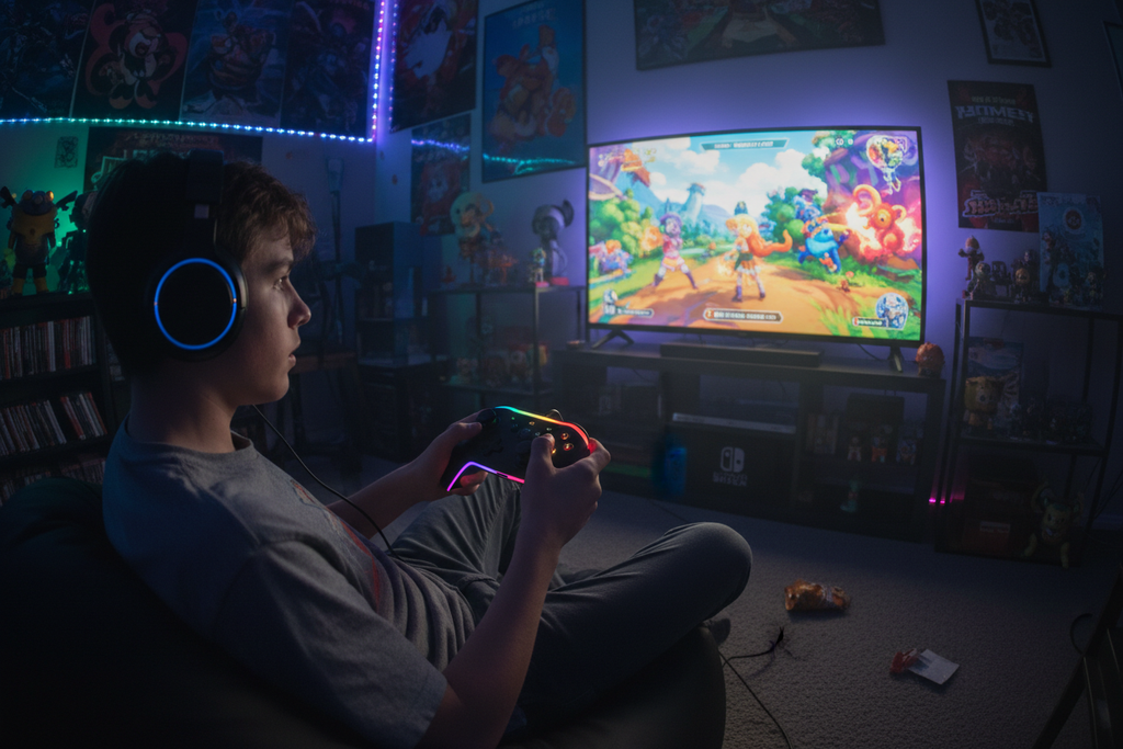 Teenager gaming intensely on a docked Nintendo Switch holding a PowerA Spectra wired controller with vibrant 8-color LED edge lighting glowing in a dark gaming room
