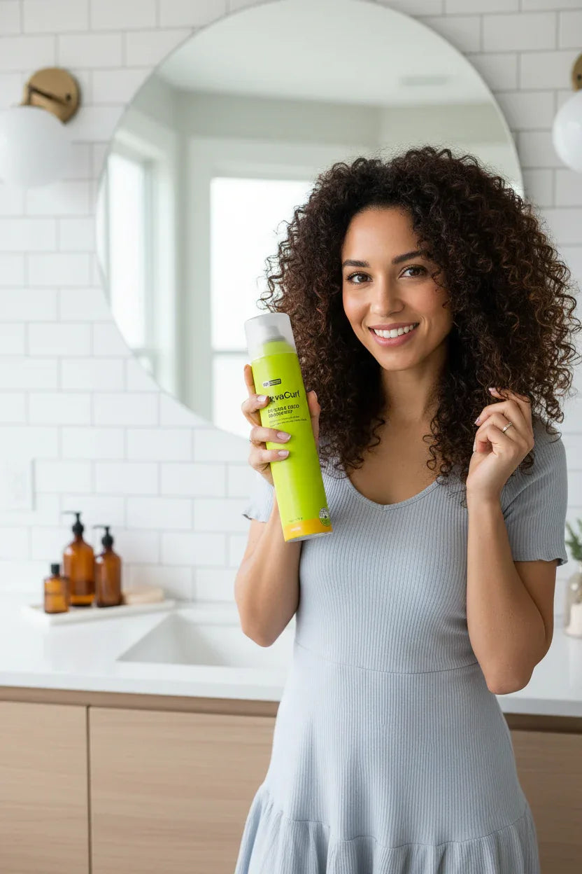 DevaCurl Flexible Hold Hairspray being used on curly hair lifestyle
