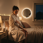 Woman in soft robe applying moisturizing cream to her elbow in a cozy bedroom, nighttime self-care ritual