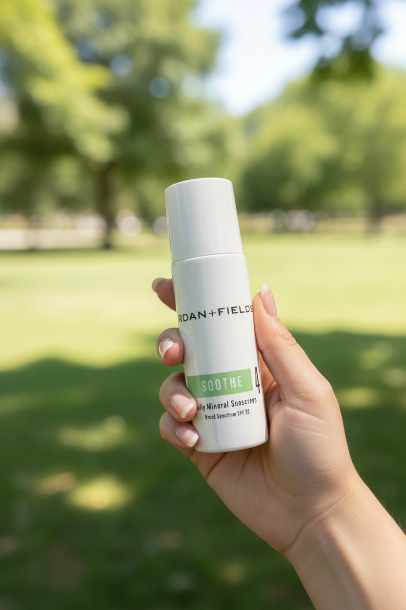 Rodan + Fields SOOTHE Daily Mineral Sunscreen SPF 30 held outdoors in natural sunlight.