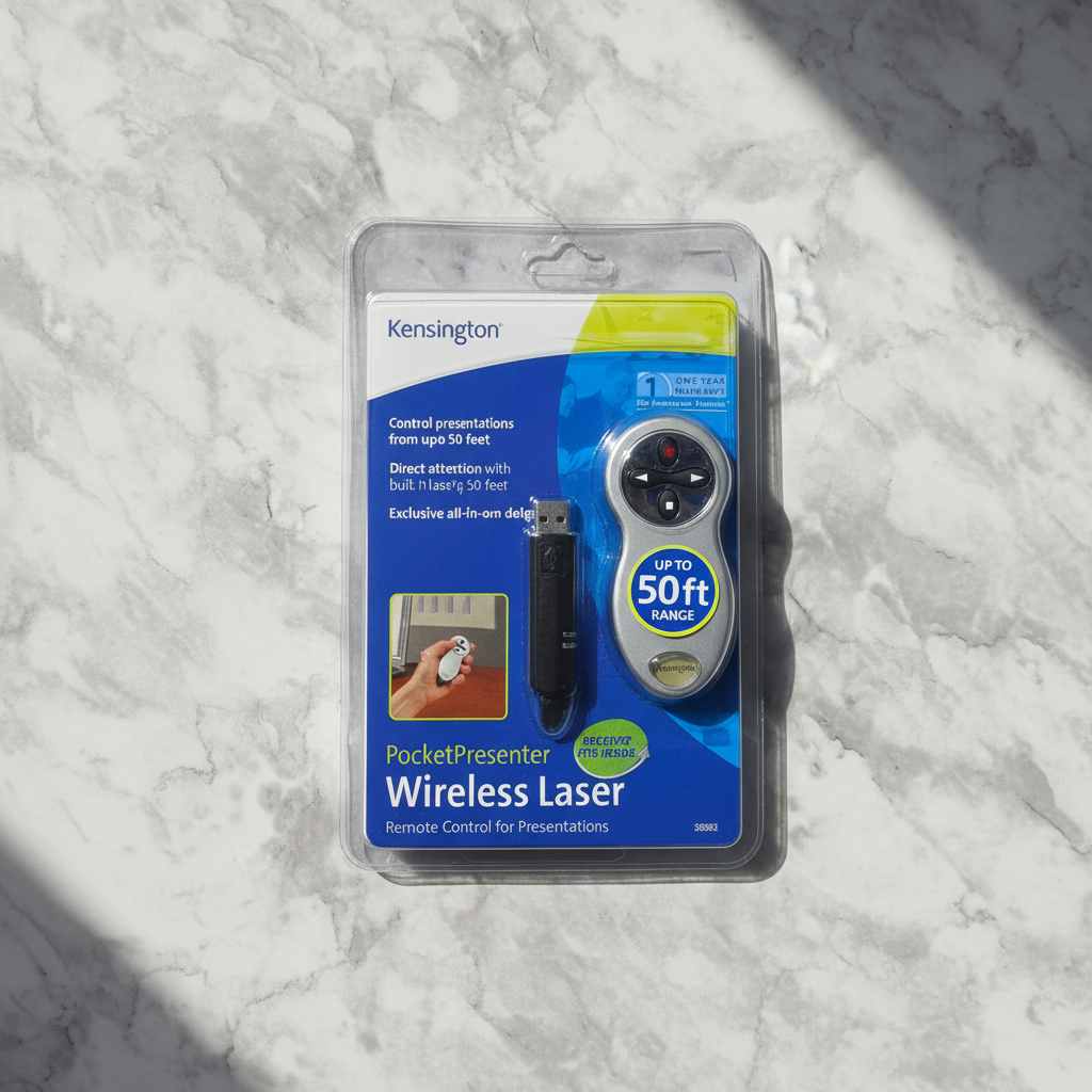 Kensington PocketPresenter wireless laser presentation remote in original blister pack on clean marble surface professional office tech lifestyle