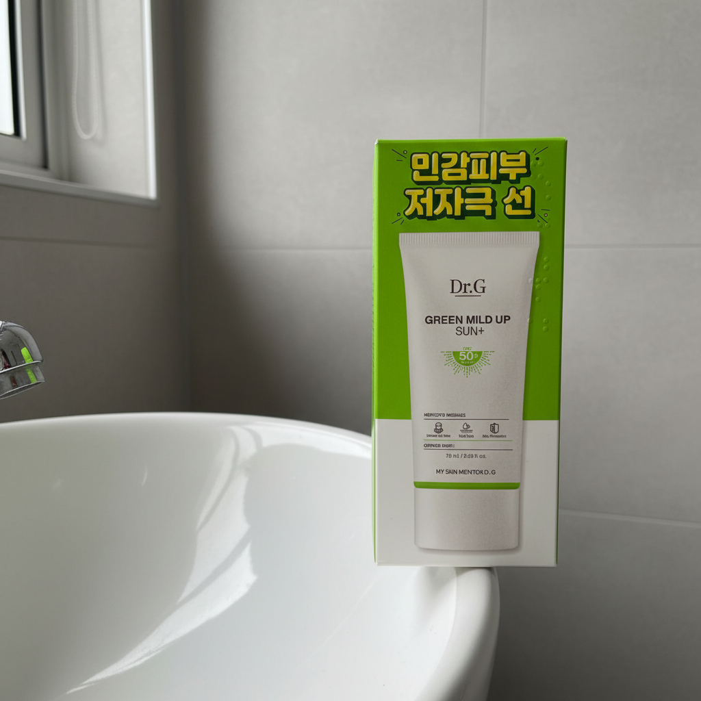 AI-generated lifestyle image of Dr.G Green Mild Up Sun+ SPF50+ PA++++ 70 mL retail box beside a white sink