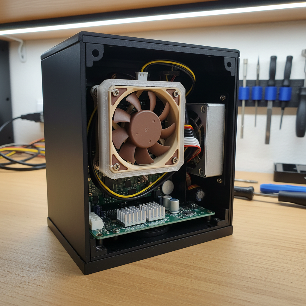 Small brown tan 40mm Noctua cooling fan installed in compact 3D printer electronics bay quiet cooling upgrade clean workshop environment