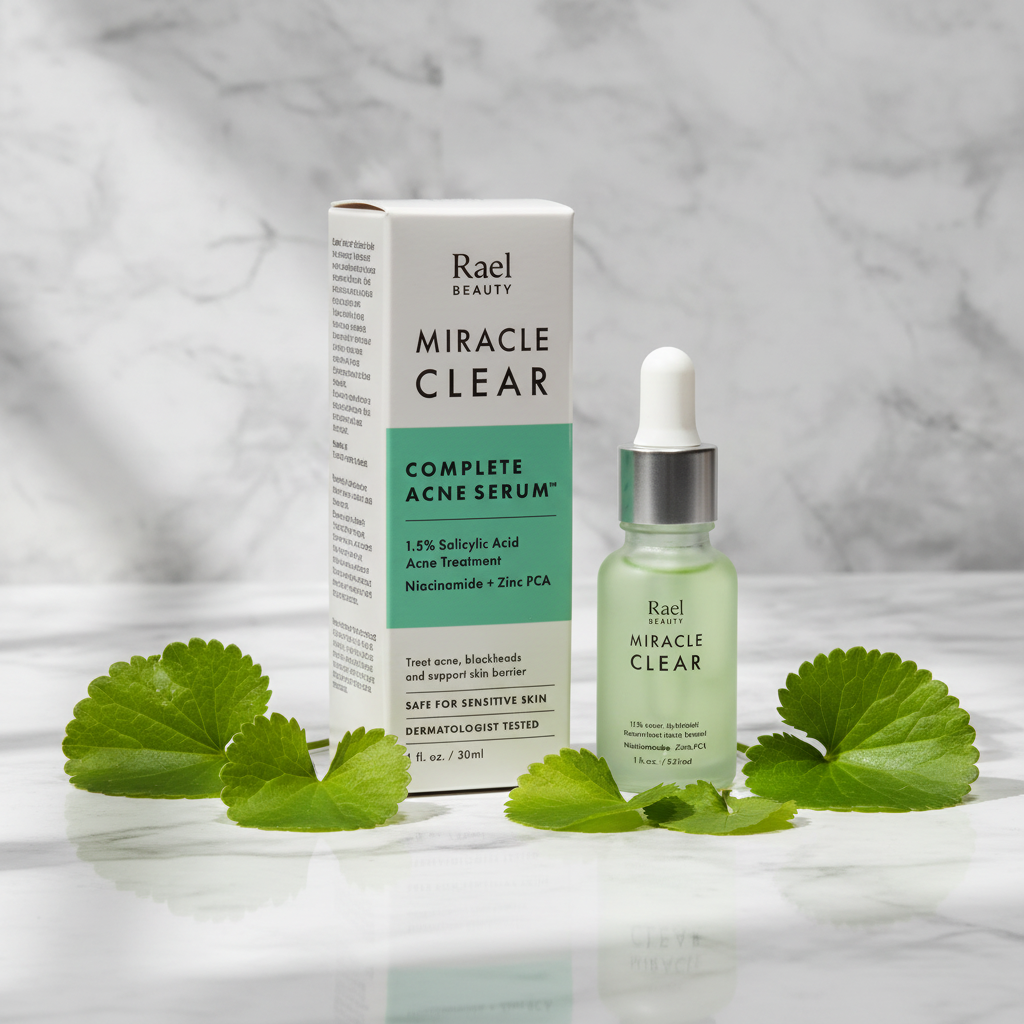 Rael Beauty Miracle Clear Acne Serum box beside dropper bottle and centella asiatica leaves on white marble countertop – More4less Outlet