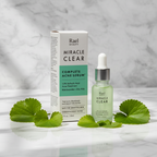 Rael Beauty Miracle Clear Acne Serum box beside dropper bottle and centella asiatica leaves on white marble countertop – More4less Outlet