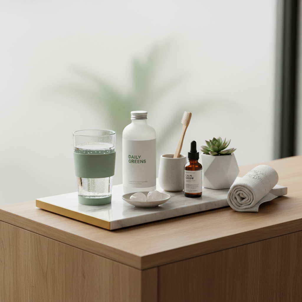 Organized bathroom vanity tray with wellness items, glass tumbler, and white supplement bottle