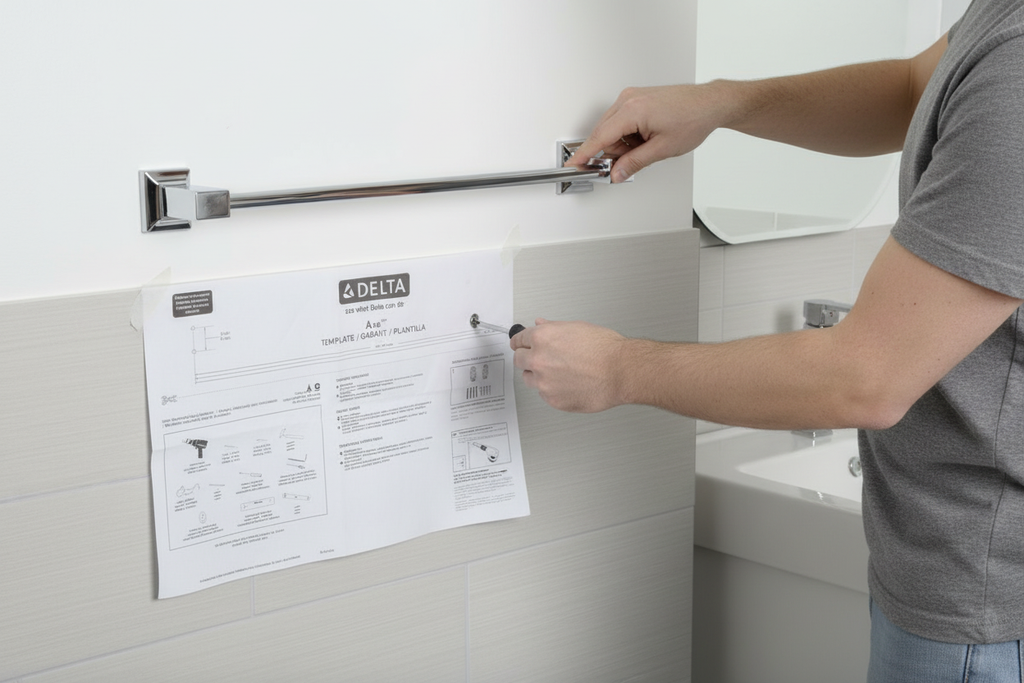 Person installing Delta Ara 18-inch polished chrome towel bar on bathroom wall — easy installation with included hardware and template